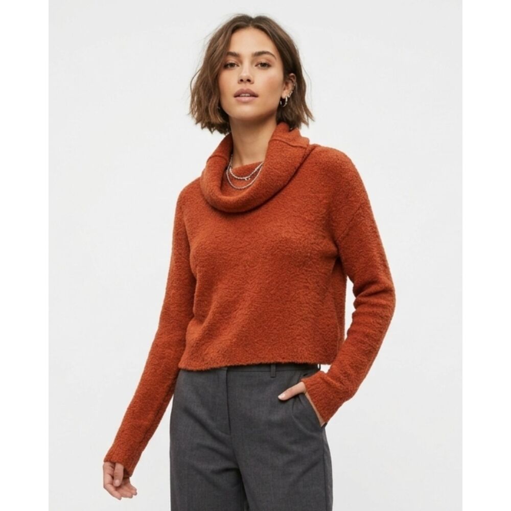 Free People Stormy Rust Orange Boucle Knit Cowl Neck Cropped Sweater M